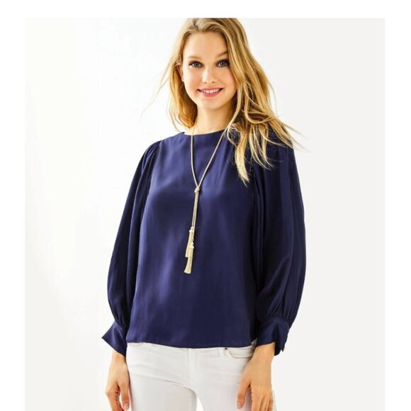 Lilly Pulitzer NWT Maisel Long Balloon Sleeve Top w Gold Buttons, Navy, M - Picture 1 of 8